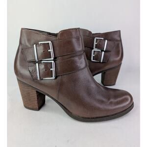 Clarks Artisan Palma Reina Ankle Boots Brown Leather Zip Buckles Block Heel 9M